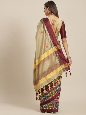 Beige embroidered cotton silk saree with blouse 2