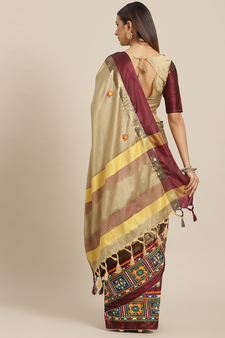 Beige embroidered cotton silk saree with blouse