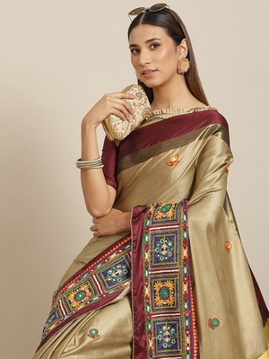 Beige embroidered cotton silk saree with blouse 3