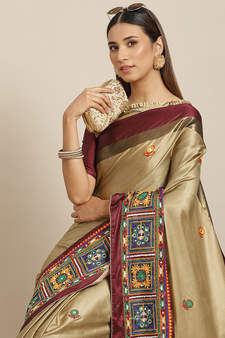 Beige embroidered cotton silk saree with blouse