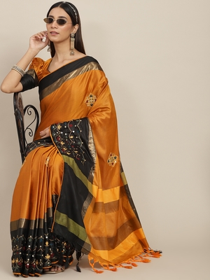 Orange embroidered cotton silk saree with blouse 1