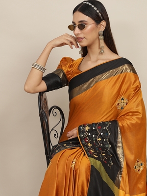 Orange embroidered cotton silk saree with blouse 2