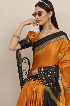 Orange embroidered cotton silk saree with blouse