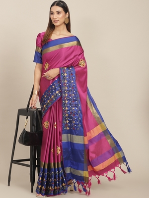Pink embroidered cotton silk saree with blouse 1