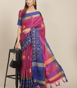 Pink embroidered cotton silk saree with blouse