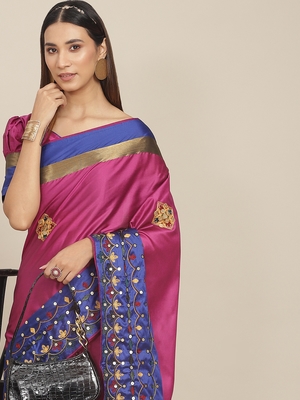 Pink embroidered cotton silk saree with blouse 3