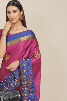 Pink embroidered cotton silk saree with blouse