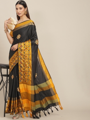 Black embroidered cotton silk saree with blouse 1
