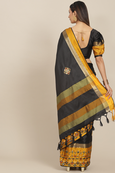 Black embroidered cotton silk saree with blouse