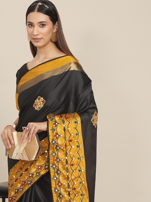 Black embroidered cotton silk saree with blouse 3