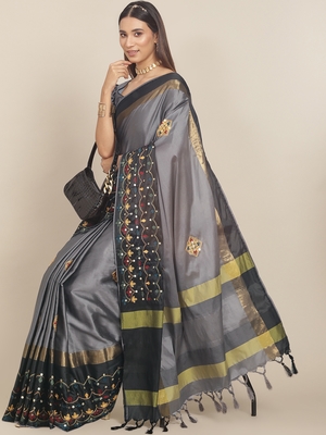 Grey embroidered cotton silk saree with blouse 1