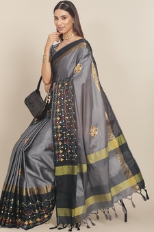 Grey embroidered cotton silk saree with blouse