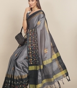 Grey embroidered cotton silk saree with blouse