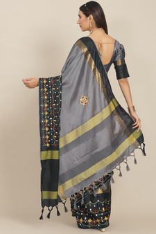 Grey embroidered cotton silk saree with blouse