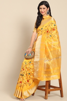 Yellow embroidered cotton silk saree with blouse