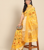 Yellow embroidered cotton silk saree with blouse