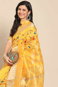 Yellow embroidered cotton silk saree with blouse