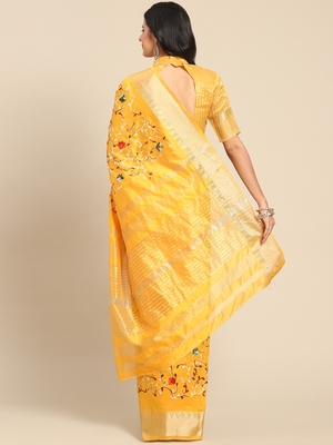 Yellow embroidered cotton silk saree with blouse 3