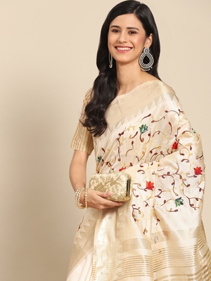 Beige embroidered cotton silk saree with blouse 2