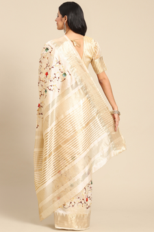 Beige embroidered cotton silk saree with blouse