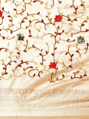 Beige embroidered cotton silk saree with blouse 4