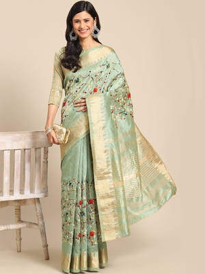 Green embroidered cotton silk saree with blouse 1
