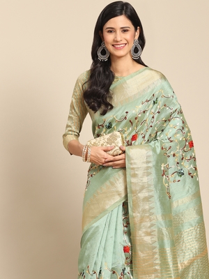 Green embroidered cotton silk saree with blouse 2