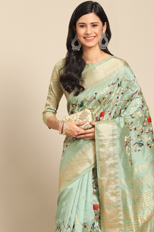 Green embroidered cotton silk saree with blouse