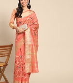 Peach embroidered cotton silk saree with blouse