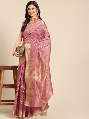 Pink embroidered cotton silk saree with blouse 1