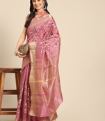 Pink embroidered cotton silk saree with blouse