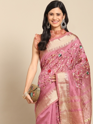 Pink embroidered cotton silk saree with blouse 2