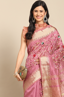 Pink embroidered cotton silk saree with blouse