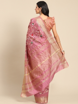 Pink embroidered cotton silk saree with blouse 3