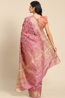 Pink embroidered cotton silk saree with blouse