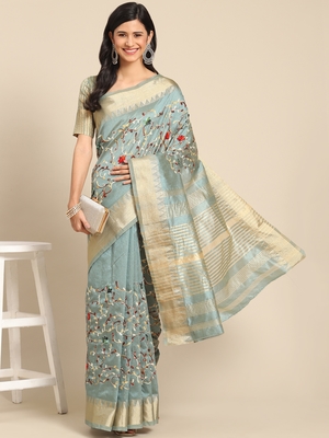 Turquoise embroidered cotton silk saree with blouse 1