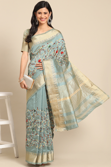 Turquoise embroidered cotton silk saree with blouse