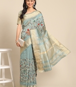 Turquoise embroidered cotton silk saree with blouse