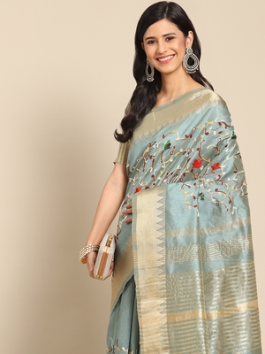 Turquoise embroidered cotton silk saree with blouse 2