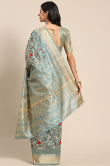 Turquoise embroidered cotton silk saree with blouse