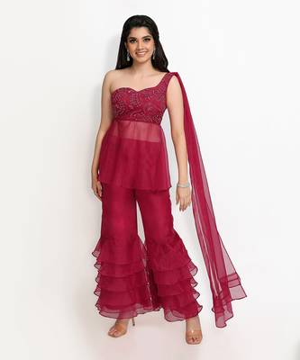 Wine Peony Offshoulder Sharara Set 1