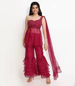 Wine Peony Offshoulder Sharara Set