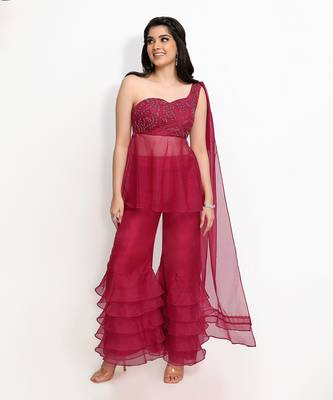 Wine Peony Offshoulder Sharara Set 2