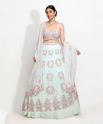 Blue Crescent Of Flowers Lehenga Set 1