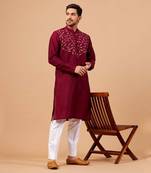 Magenta Leaf Motif Basik Kurta