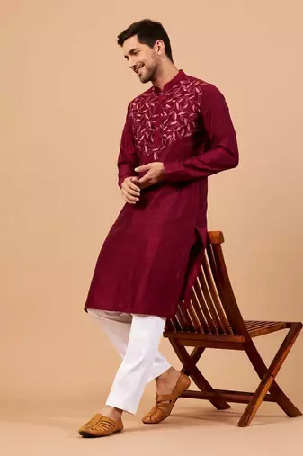 Magenta Leaf Motif Basik Kurta