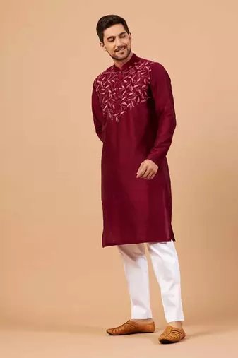 Magenta Leaf Motif Basik Kurta
