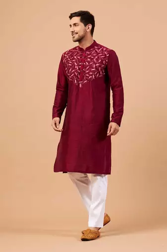 Magenta Leaf Motif Basik Kurta
