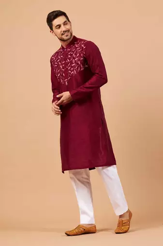 Magenta Leaf Motif Basik Kurta