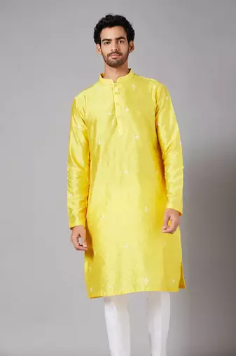 Saanjh Yellow Embroidered Kurta With Mirror Details